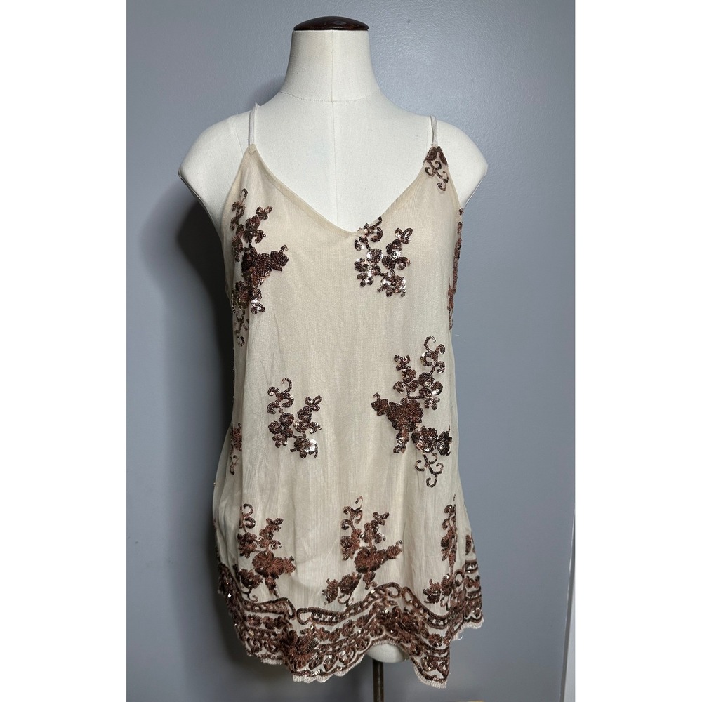 About A Girl Rose Gold Sequin Floral Mesh Camisole Top Cream Scalloped Hem XL